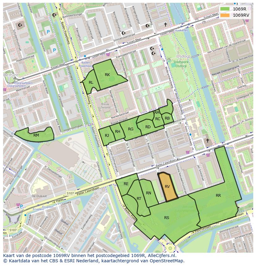 Afbeelding van het postcodegebied 1069 RV op de kaart.