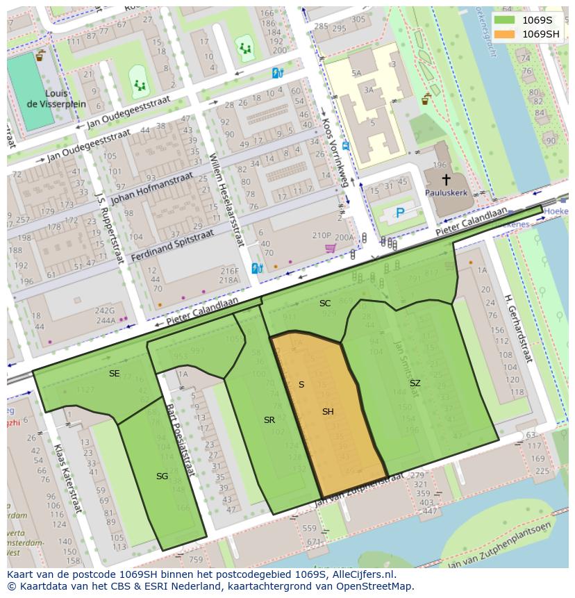 Afbeelding van het postcodegebied 1069 SH op de kaart.