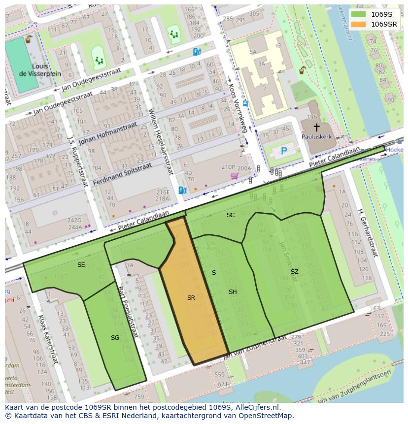 Afbeelding van het postcodegebied 1069 SR op de kaart.
