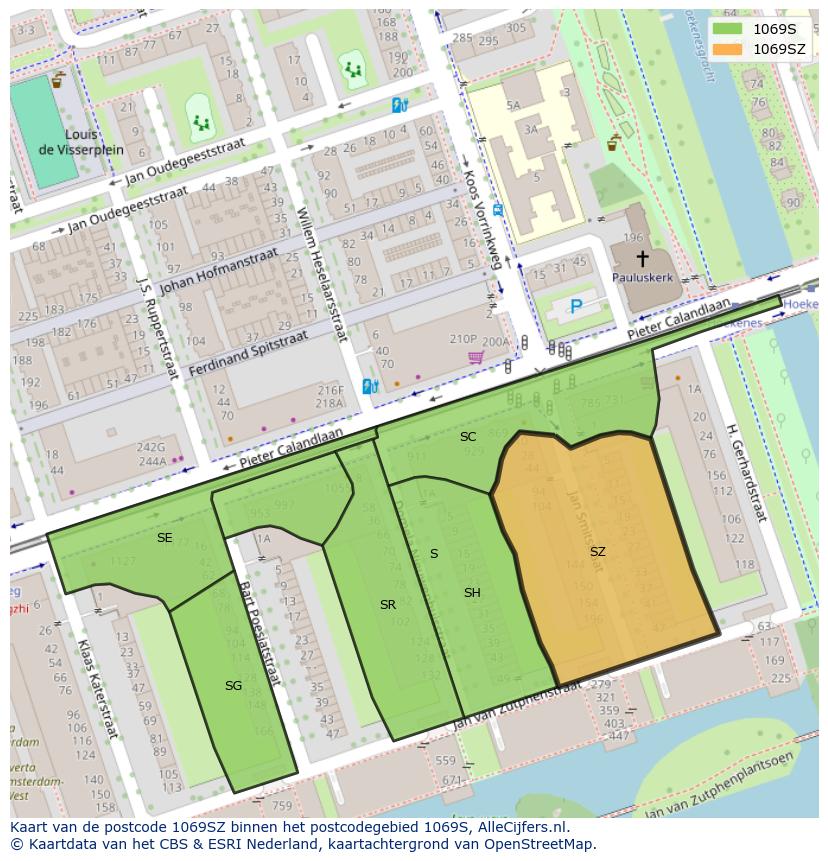 Afbeelding van het postcodegebied 1069 SZ op de kaart.