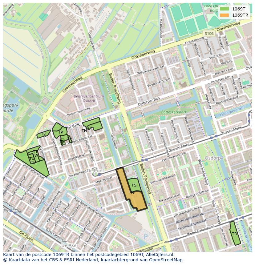 Afbeelding van het postcodegebied 1069 TR op de kaart.