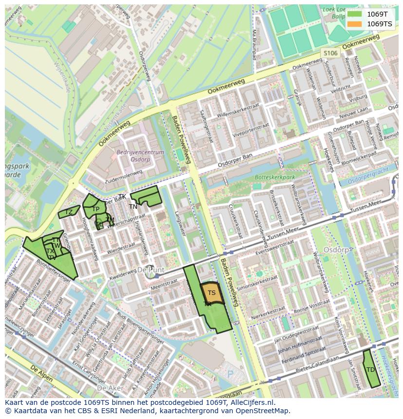 Afbeelding van het postcodegebied 1069 TS op de kaart.
