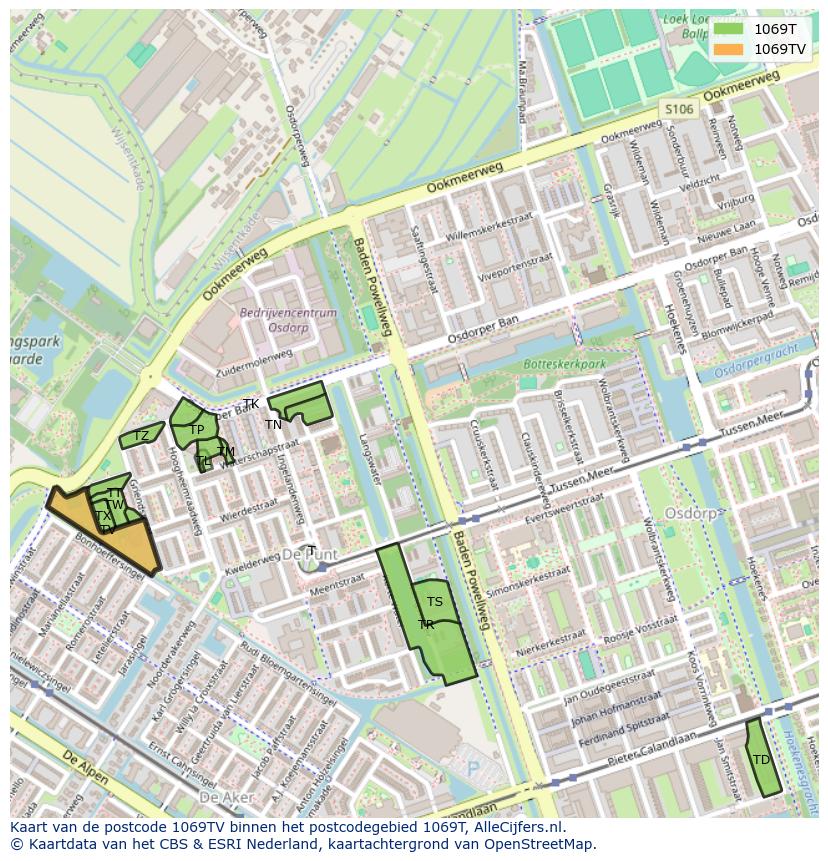 Afbeelding van het postcodegebied 1069 TV op de kaart.