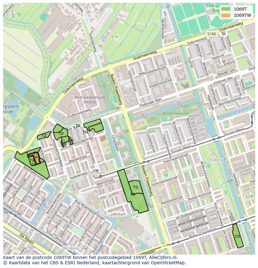 Afbeelding van het postcodegebied 1069 TW op de kaart.