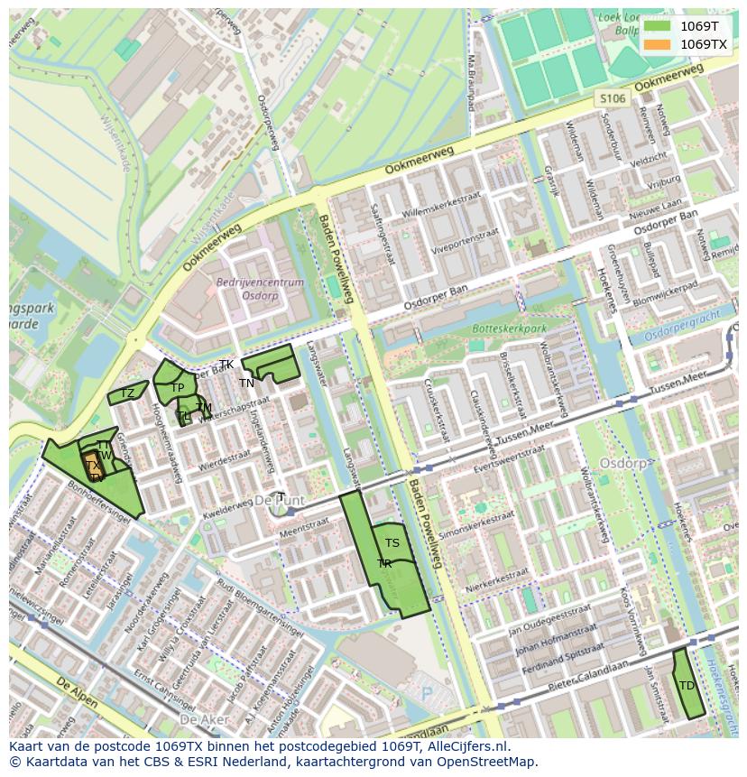 Afbeelding van het postcodegebied 1069 TX op de kaart.