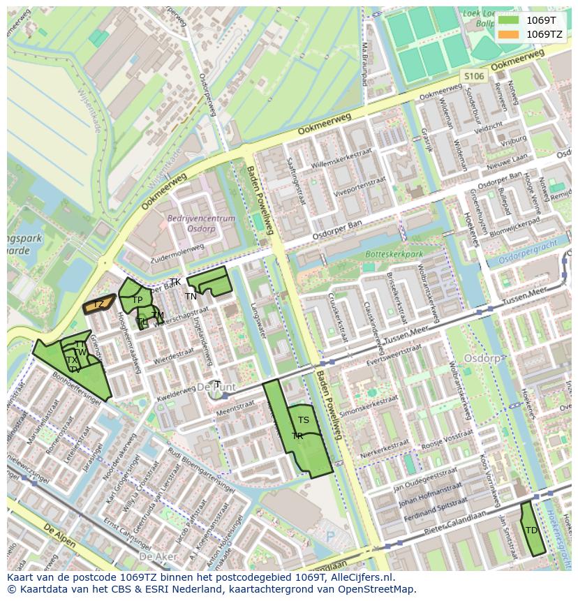 Afbeelding van het postcodegebied 1069 TZ op de kaart.