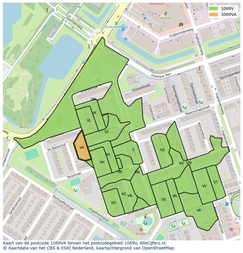 Afbeelding van het postcodegebied 1069 VA op de kaart.