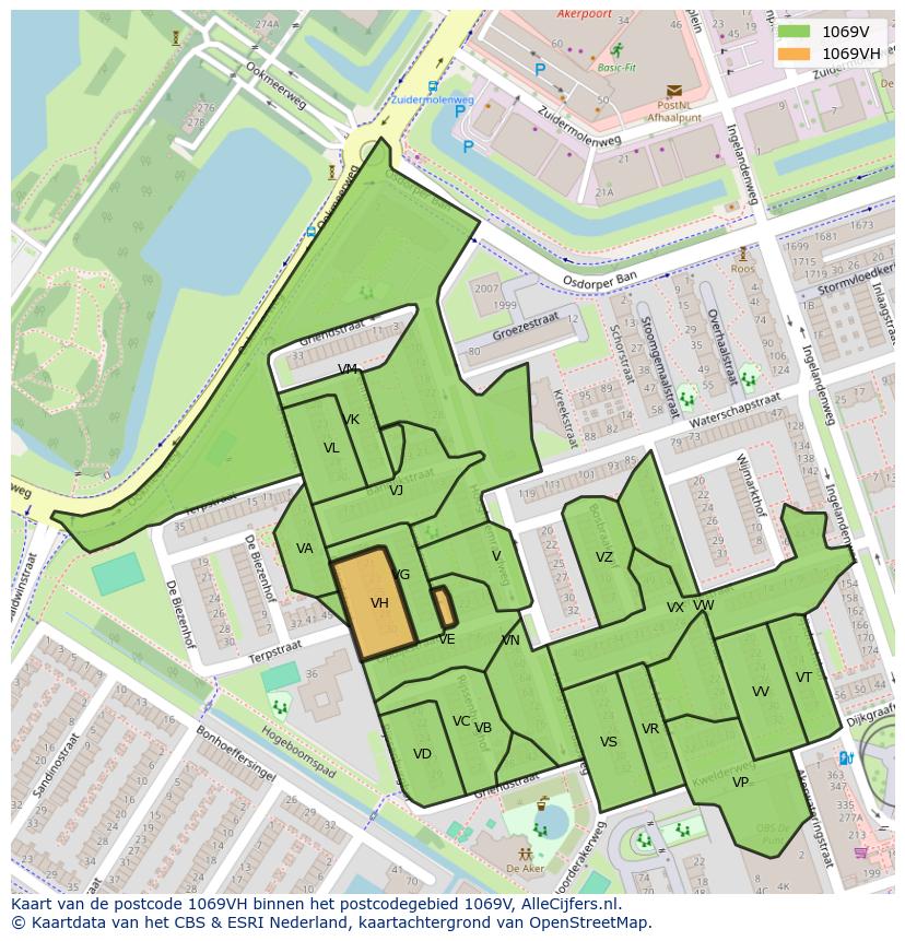 Afbeelding van het postcodegebied 1069 VH op de kaart.