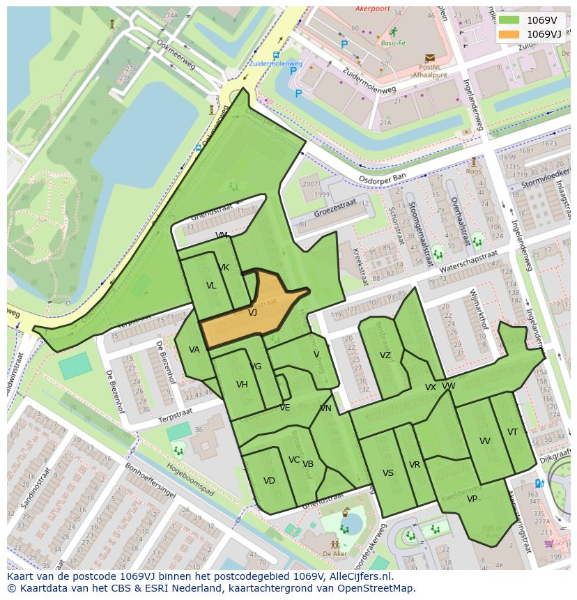 Afbeelding van het postcodegebied 1069 VJ op de kaart.
