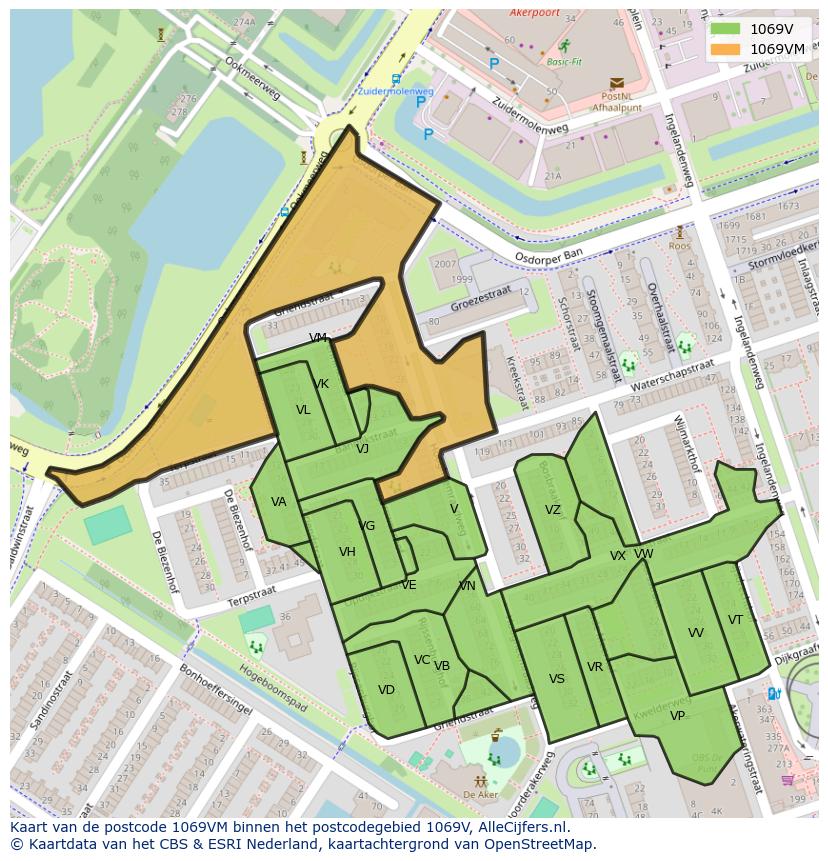 Afbeelding van het postcodegebied 1069 VM op de kaart.