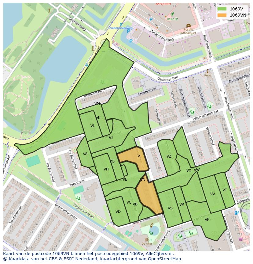 Afbeelding van het postcodegebied 1069 VN op de kaart.