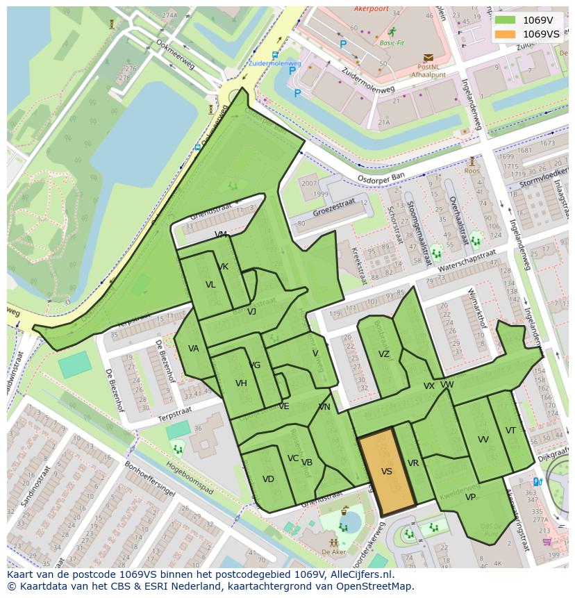 Afbeelding van het postcodegebied 1069 VS op de kaart.