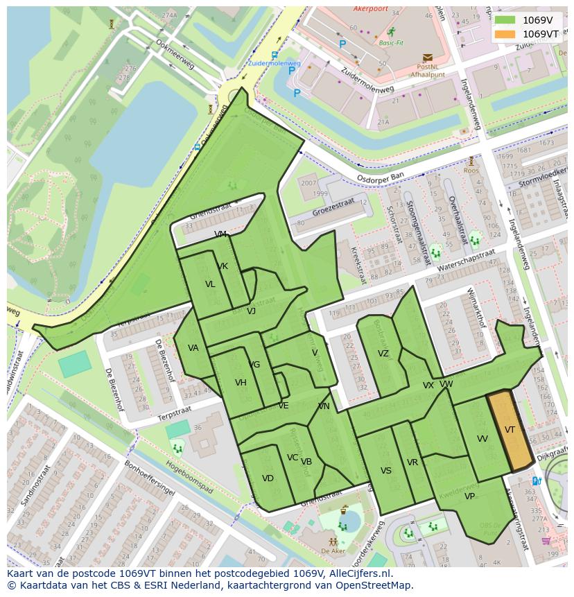 Afbeelding van het postcodegebied 1069 VT op de kaart.