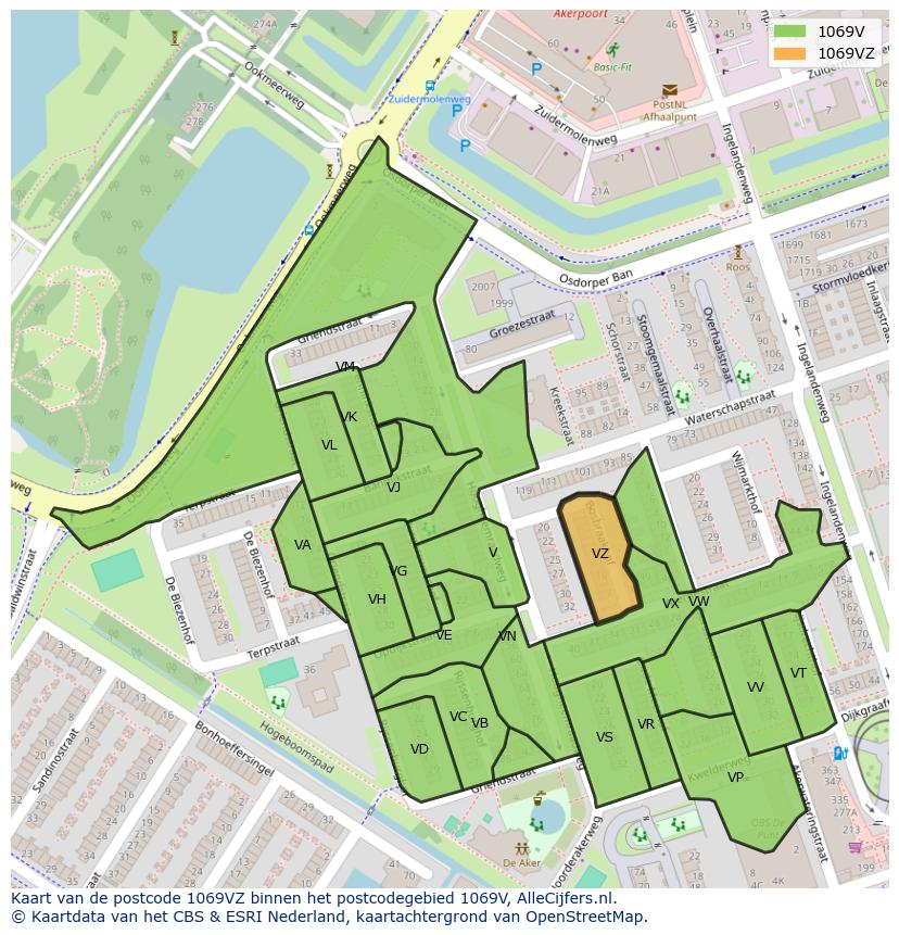 Afbeelding van het postcodegebied 1069 VZ op de kaart.