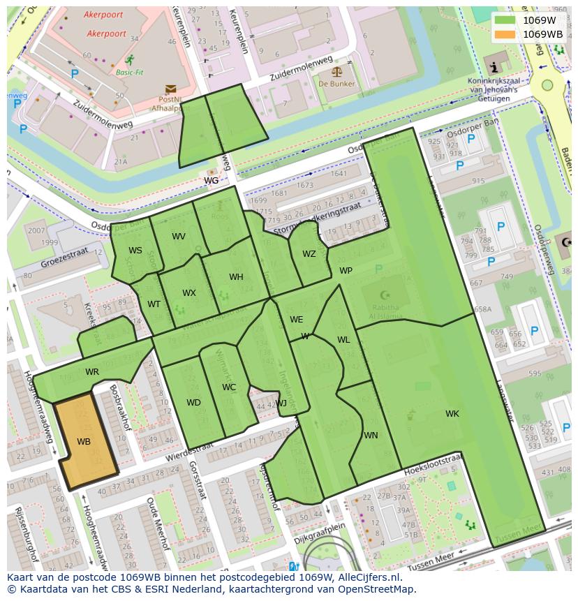 Afbeelding van het postcodegebied 1069 WB op de kaart.