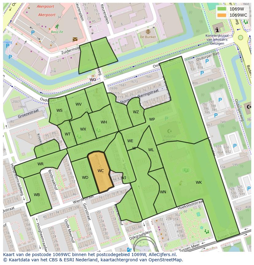 Afbeelding van het postcodegebied 1069 WC op de kaart.