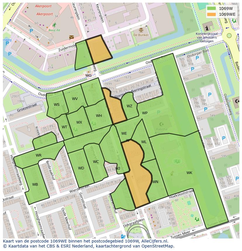 Afbeelding van het postcodegebied 1069 WE op de kaart.