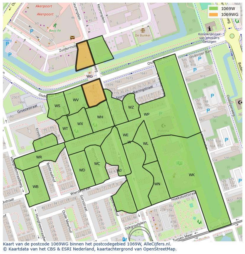 Afbeelding van het postcodegebied 1069 WG op de kaart.