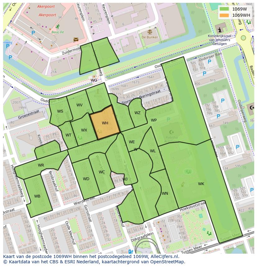 Afbeelding van het postcodegebied 1069 WH op de kaart.