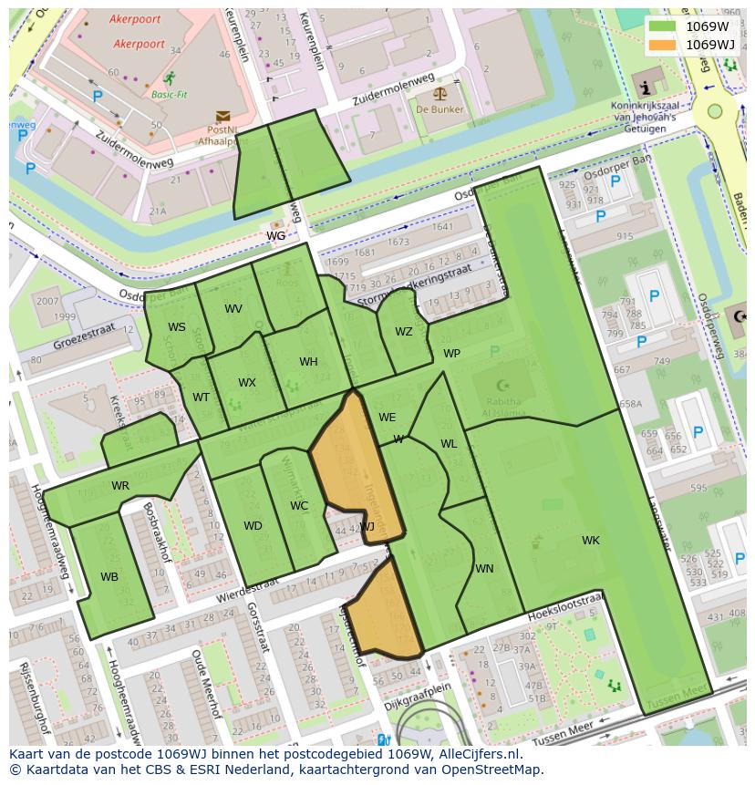 Afbeelding van het postcodegebied 1069 WJ op de kaart.