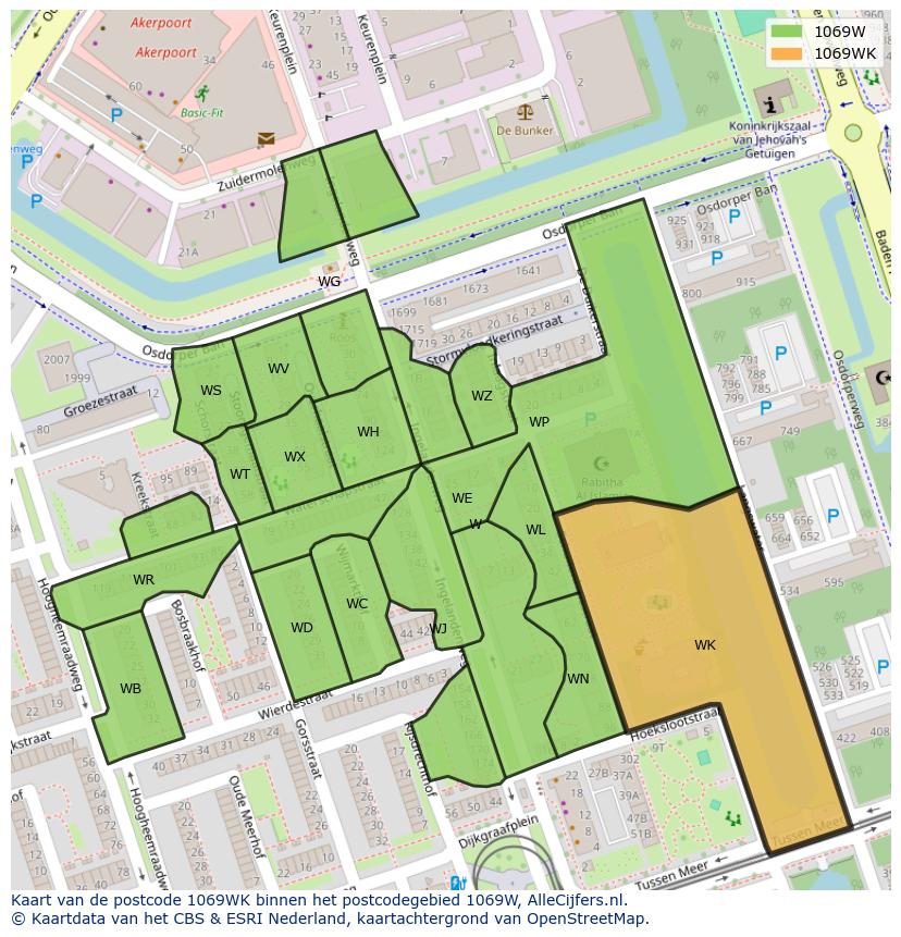 Afbeelding van het postcodegebied 1069 WK op de kaart.