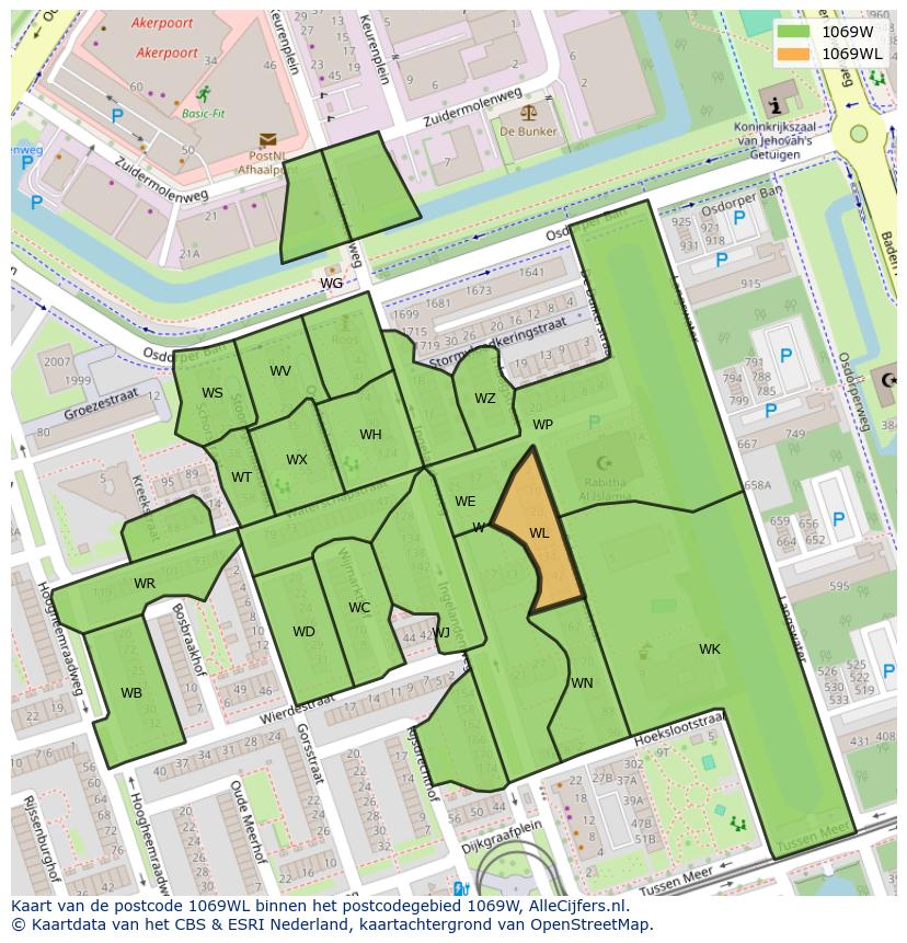 Afbeelding van het postcodegebied 1069 WL op de kaart.