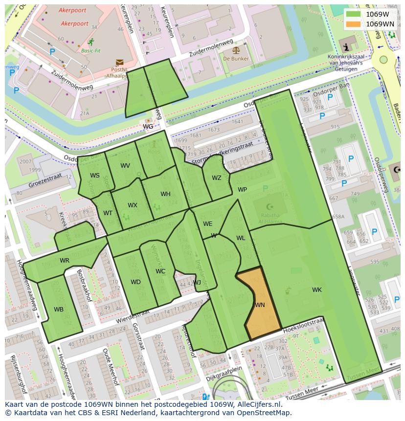 Afbeelding van het postcodegebied 1069 WN op de kaart.