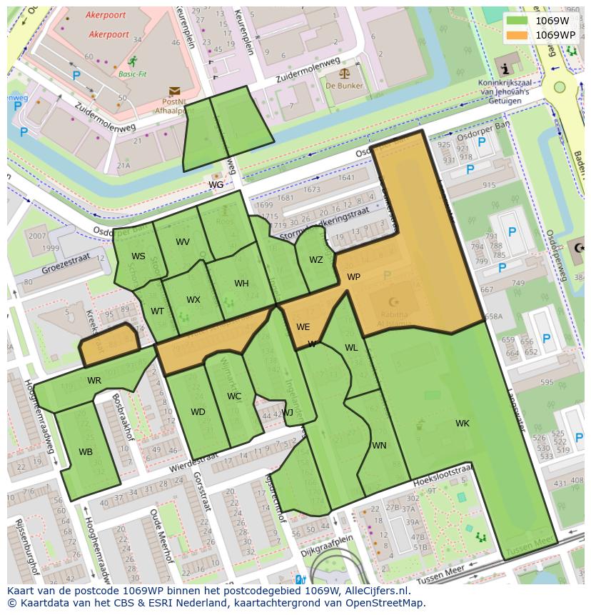 Afbeelding van het postcodegebied 1069 WP op de kaart.