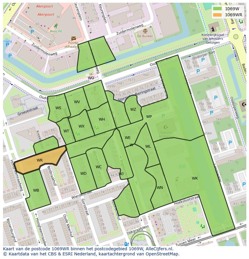 Afbeelding van het postcodegebied 1069 WR op de kaart.