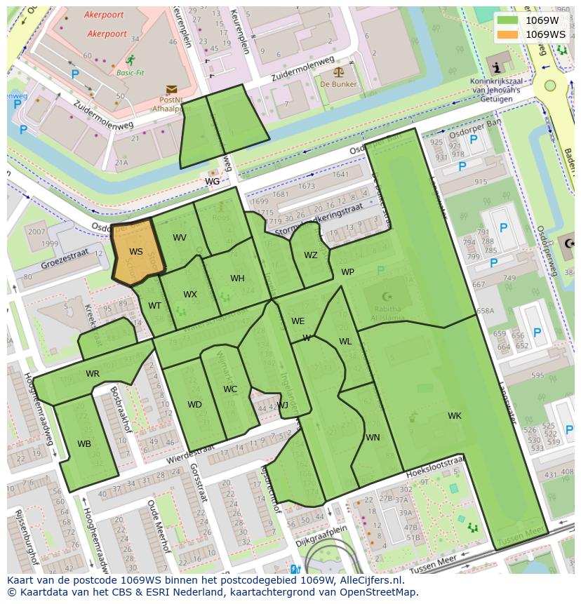 Afbeelding van het postcodegebied 1069 WS op de kaart.