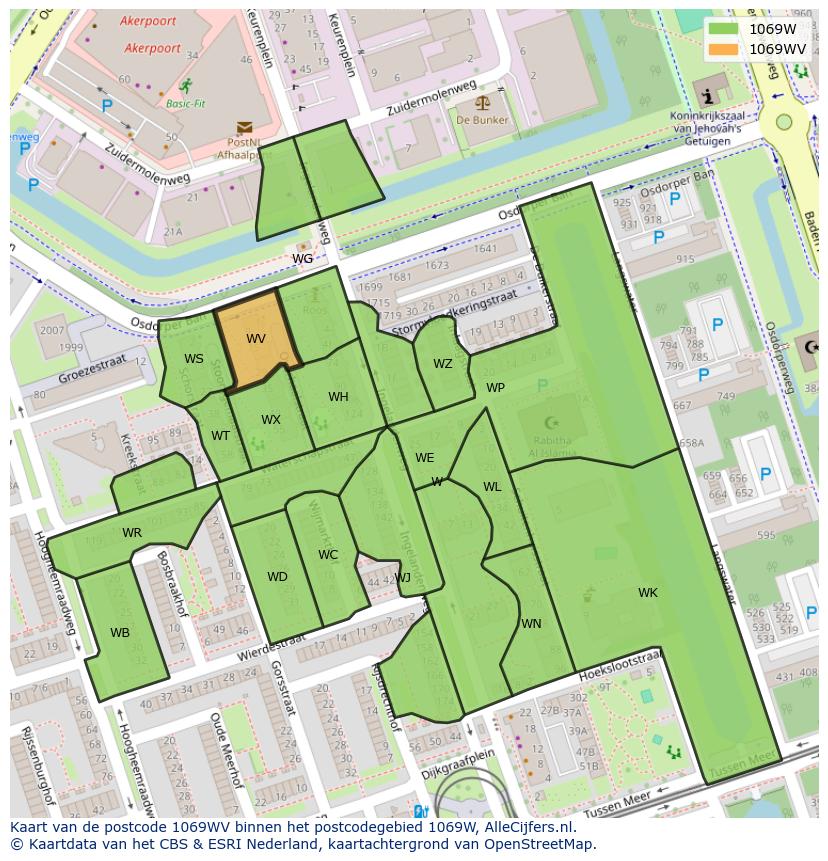 Afbeelding van het postcodegebied 1069 WV op de kaart.