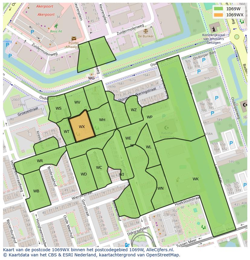 Afbeelding van het postcodegebied 1069 WX op de kaart.