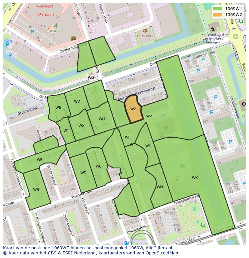 Afbeelding van het postcodegebied 1069 WZ op de kaart.