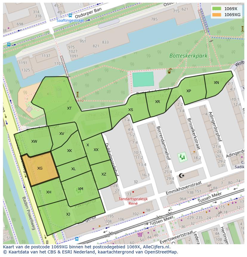 Afbeelding van het postcodegebied 1069 XG op de kaart.