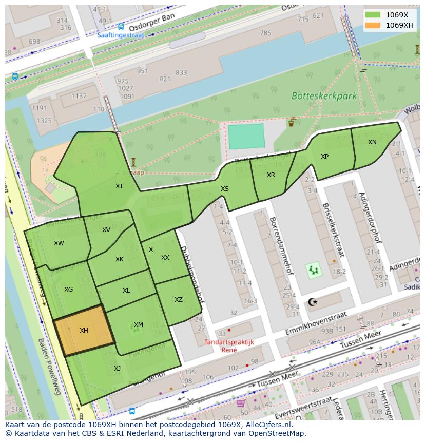 Afbeelding van het postcodegebied 1069 XH op de kaart.