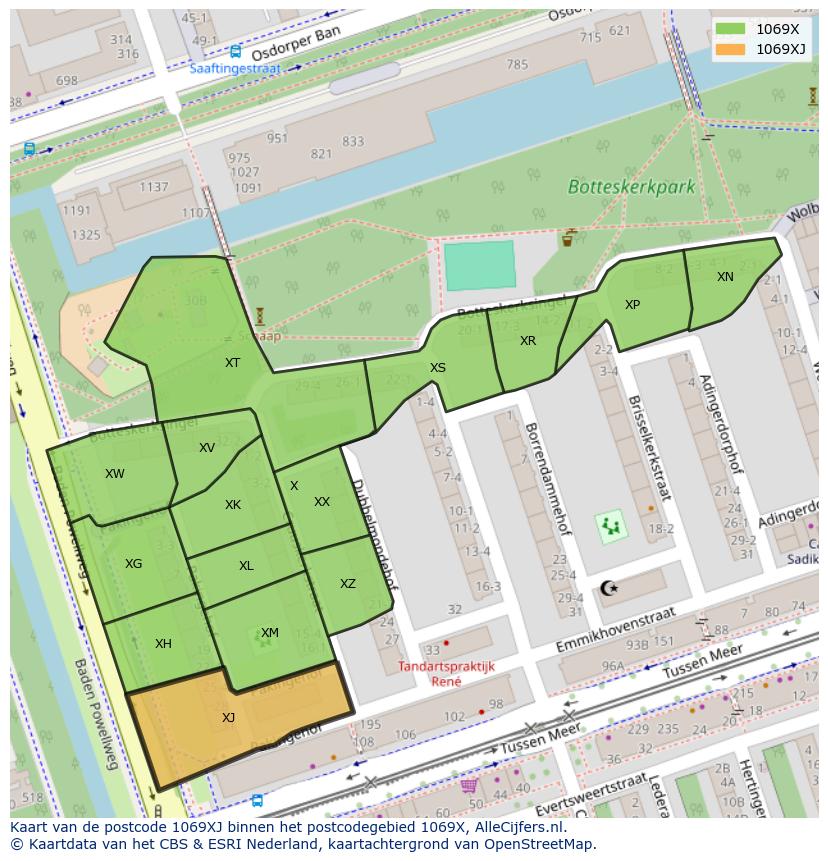 Afbeelding van het postcodegebied 1069 XJ op de kaart.