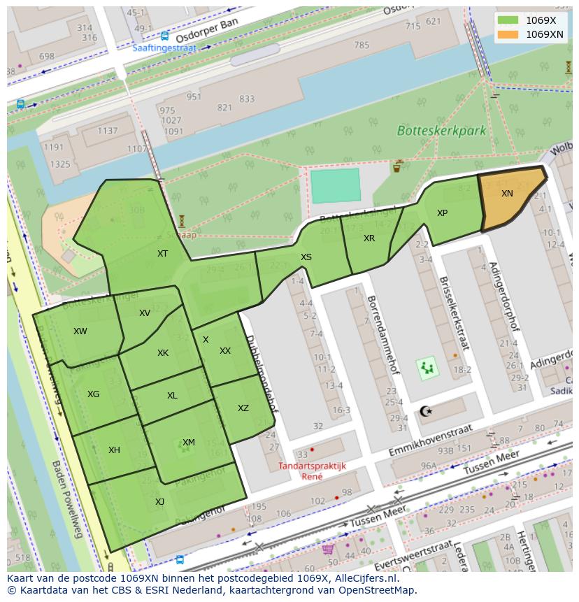 Afbeelding van het postcodegebied 1069 XN op de kaart.