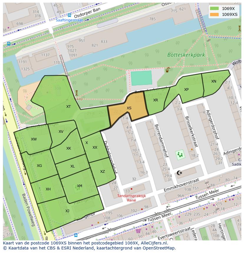 Afbeelding van het postcodegebied 1069 XS op de kaart.