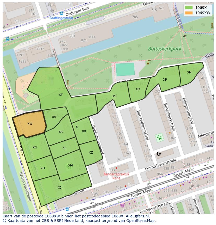 Afbeelding van het postcodegebied 1069 XW op de kaart.
