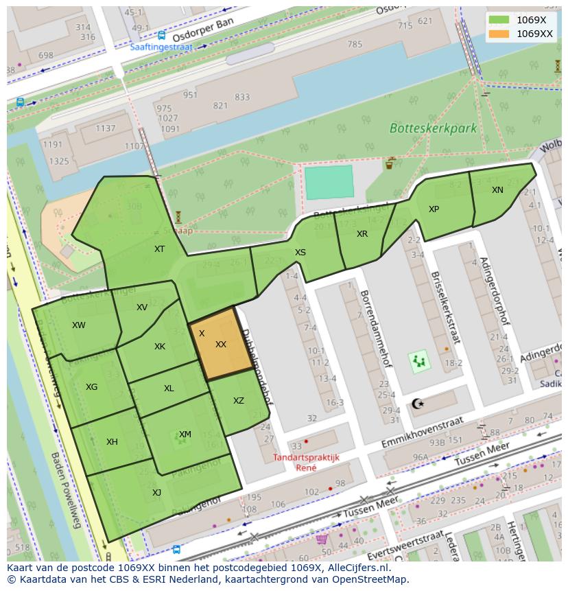 Afbeelding van het postcodegebied 1069 XX op de kaart.