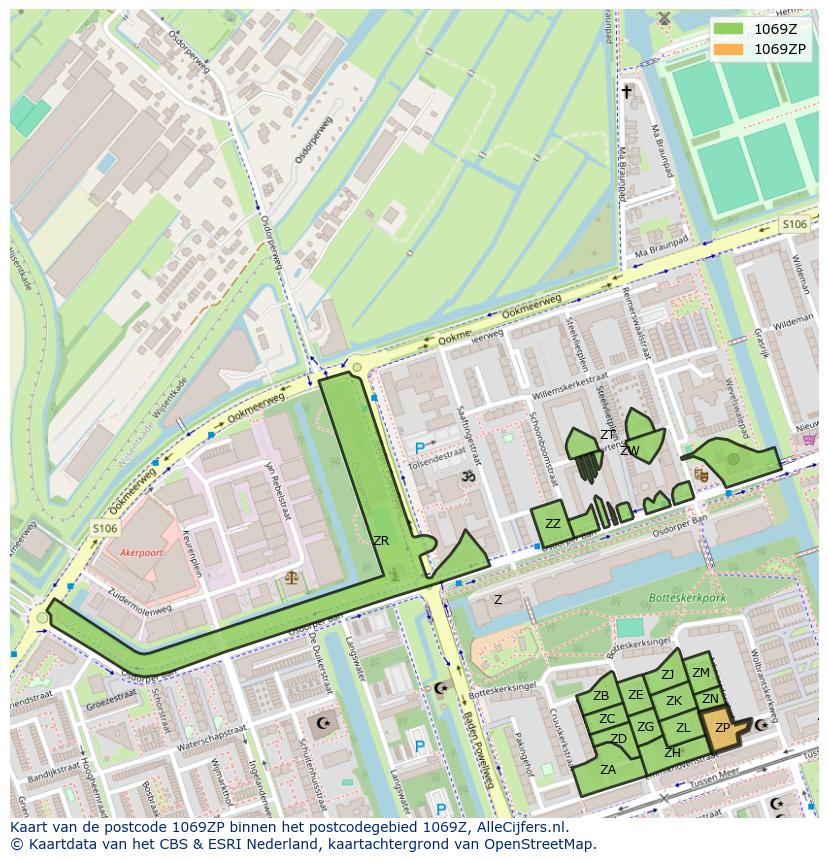 Afbeelding van het postcodegebied 1069 ZP op de kaart.