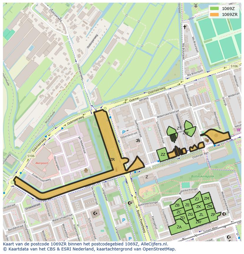Afbeelding van het postcodegebied 1069 ZR op de kaart.