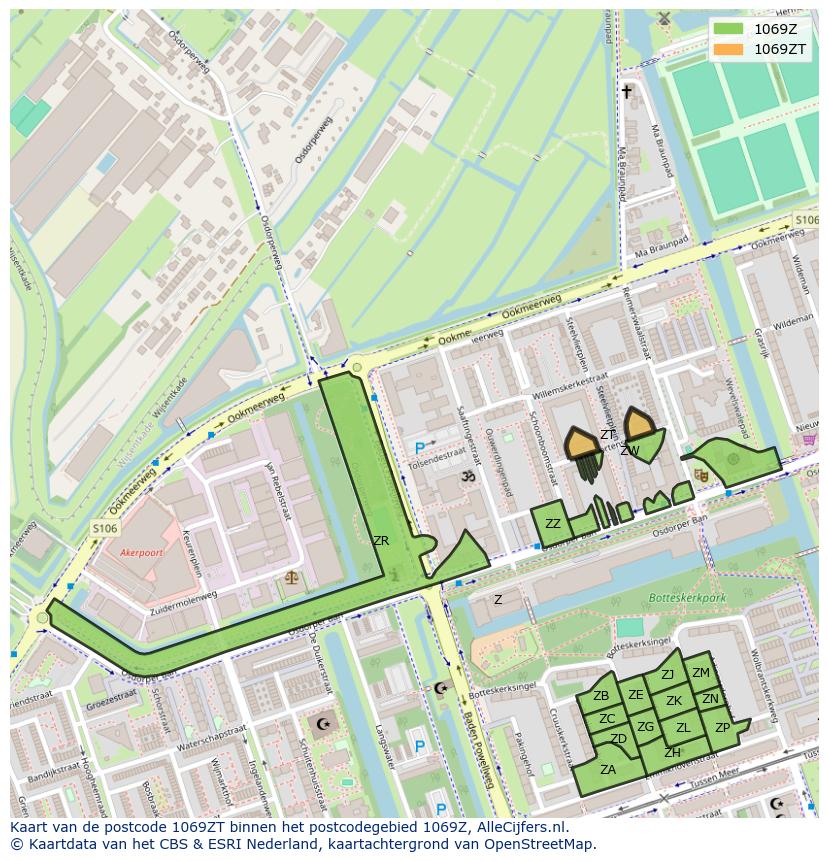 Afbeelding van het postcodegebied 1069 ZT op de kaart.