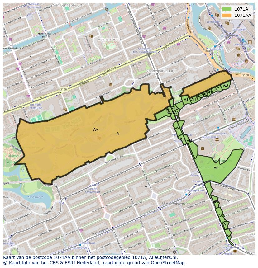 Afbeelding van het postcodegebied 1071 AA op de kaart.