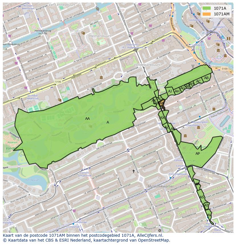 Afbeelding van het postcodegebied 1071 AM op de kaart.