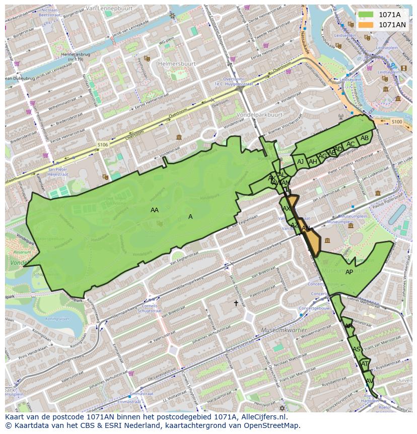 Afbeelding van het postcodegebied 1071 AN op de kaart.
