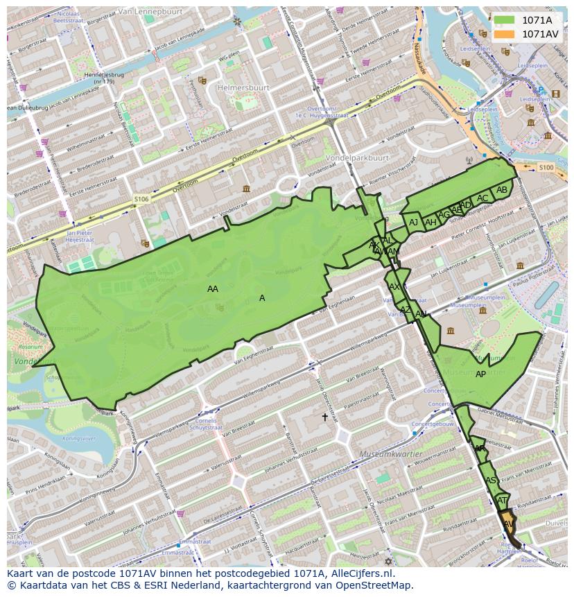 Afbeelding van het postcodegebied 1071 AV op de kaart.