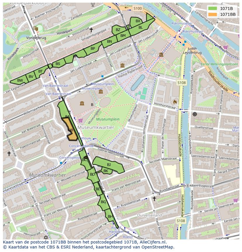Afbeelding van het postcodegebied 1071 BB op de kaart.