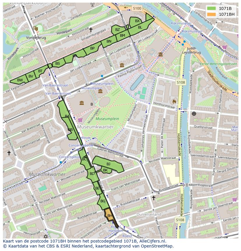 Afbeelding van het postcodegebied 1071 BH op de kaart.