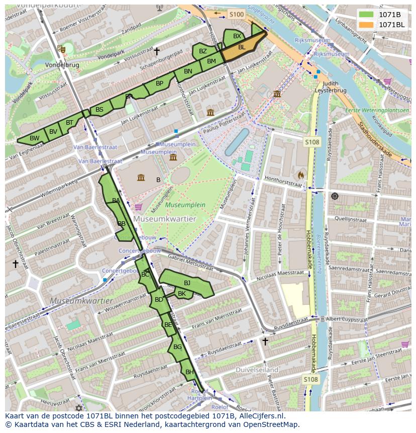 Afbeelding van het postcodegebied 1071 BL op de kaart.
